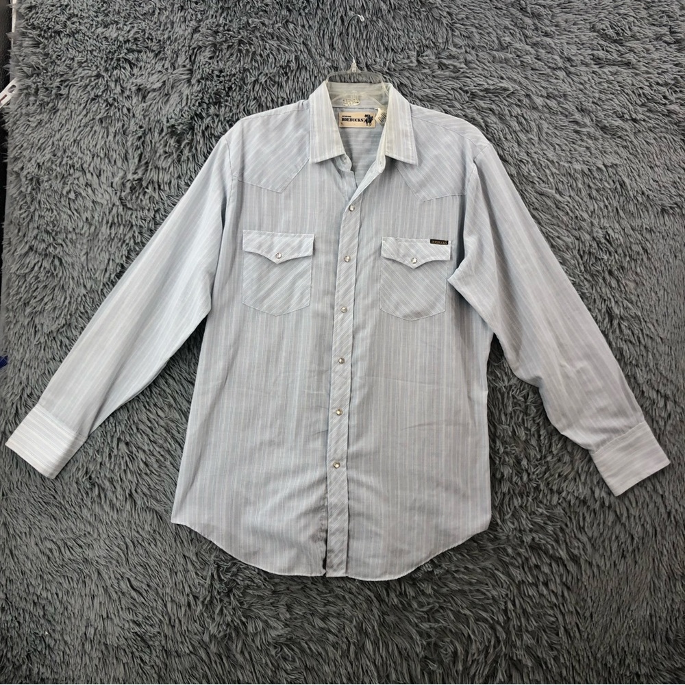 Sears Roebucks Shirt Vintage Mens Large Pearl Snap Blue Striped Long Sleeve